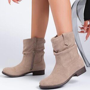 NEW! Trendy Women's Ankle Boots - Slouchy Fashion Low Calf Flat Booties-Beige